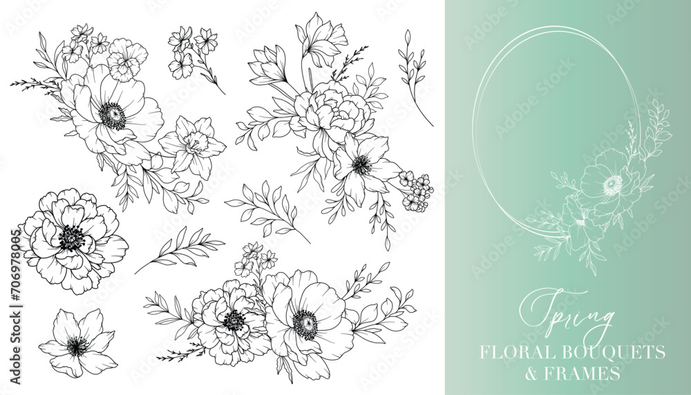Fototapeta premium Spring Flowers Line Drawing. Floral Frames and Bouquets. Floral Line Art. Fine Line Spring Frames Hand Drawn Illustration. Hand Drawn Outline Flowers. Wedding Invitations and Cards design element