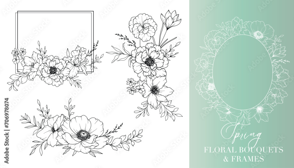 Spring Flowers Line Drawing. Floral Frames and Bouquets. Floral Line Art. Fine Line Spring Frames Hand Drawn Illustration. Hand Drawn Outline Flowers. Wedding Invitations and Cards design element