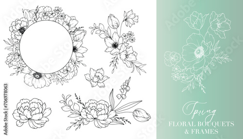 Spring Flowers Line Drawing. Floral Frames and Bouquets. Floral Line Art. Fine Line Spring Frames Hand Drawn Illustration. Hand Drawn Outline Flowers. Wedding Invitations and Cards design element