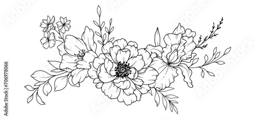 Spring Flowers Line Drawing. Black and white Floral Bouquets. Flower Coloring Page. Floral Line Art. Fine Line Flowers illustration. Hand Drawn flowers. Botanical Coloring. Wedding invitation flowers photo