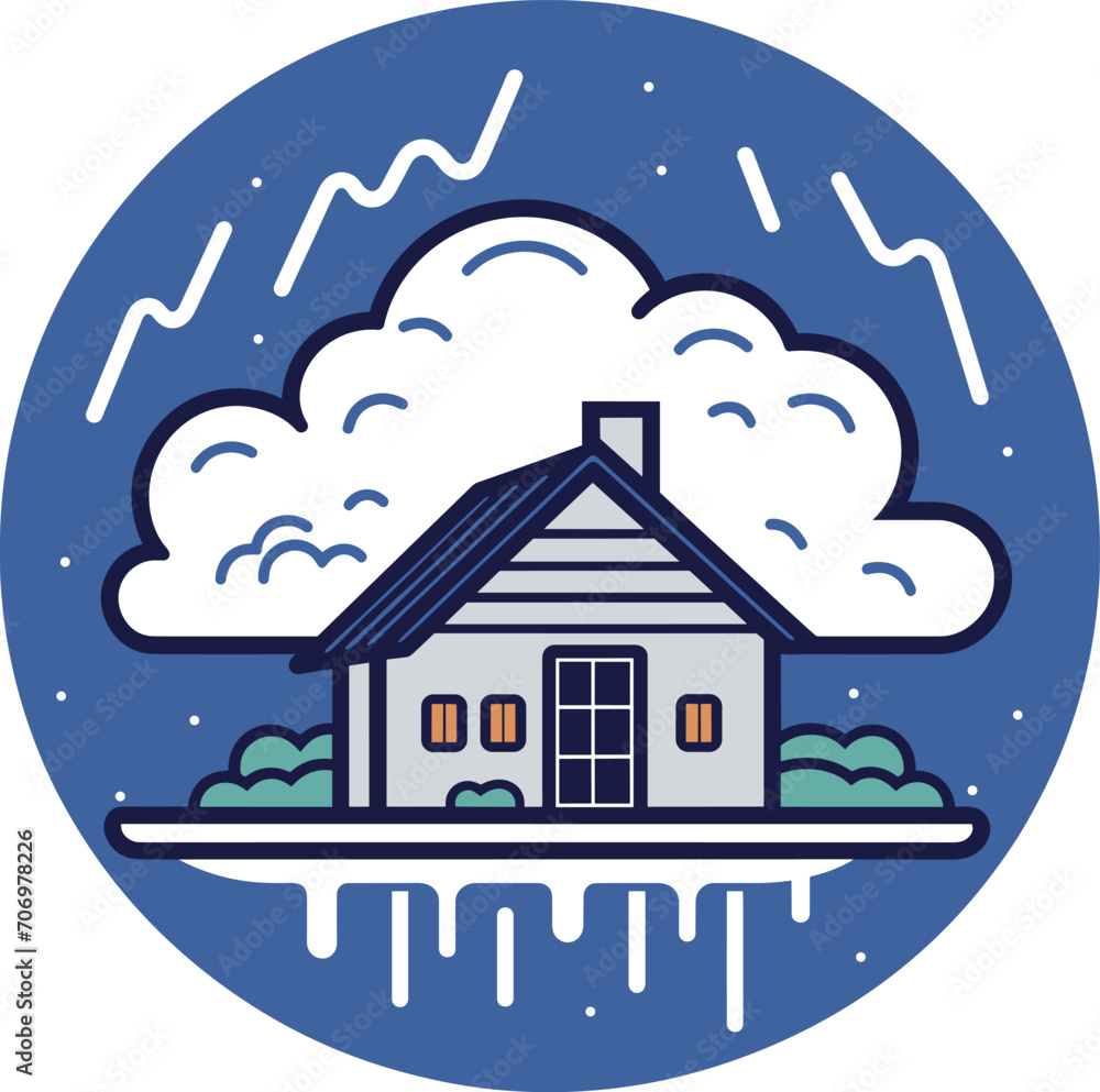 House floating in stormy weather with lightning and rain. Monochromatic blue and white safety concept. Disaster preparation and weather emergency vector illustration.