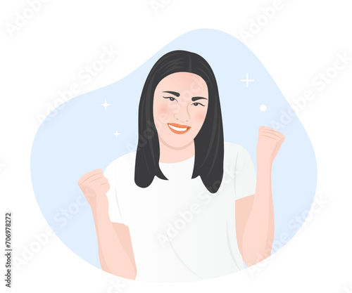 Young woman smiles happily, feels happy and excited. Vector illustration.