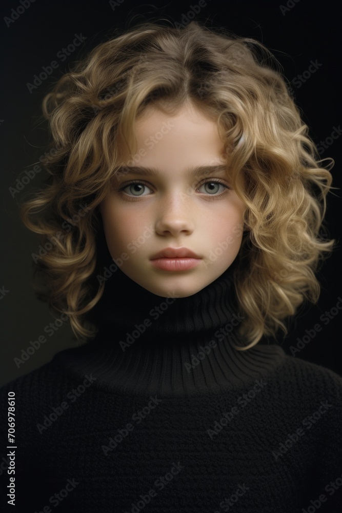 Fototapeta premium an editorial fashion magazine beauty artistic head-shot front portrait of a cute young angel-like girl with curly hair in a turtleneck sweater