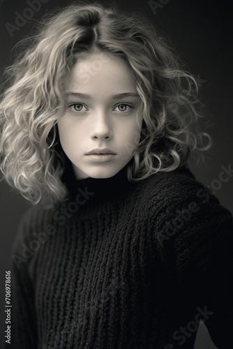 an editorial fashion magazine beauty artistic head-shot front portrait of a cute young angel-like girl with curly hair in a turtleneck sweater, black and white