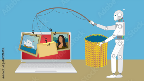 Robot with fishing rood taking art and maps from laptop. Machine learning. Dimension 16:9. Vector illustration.