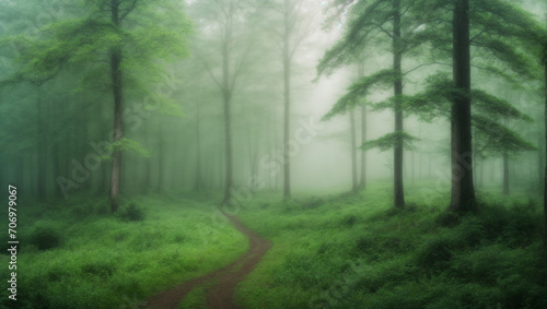 Fog in the green forest meadow with path panorama image