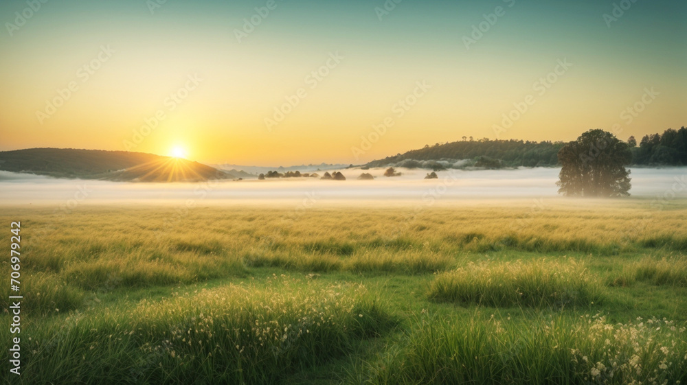 Landscape grass field with the sunrise, a blossoming meadow and fog, panorama AI Generated