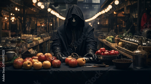 Masked man in black robe photo