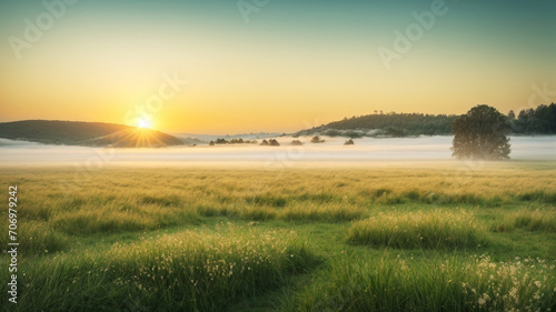 Landscape grass field with the sunrise  a blossoming meadow and fog  panorama AI Generated