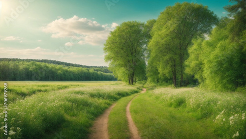 panorama Landscape green Forest path with the beautiful blossoming meadow AI Generated