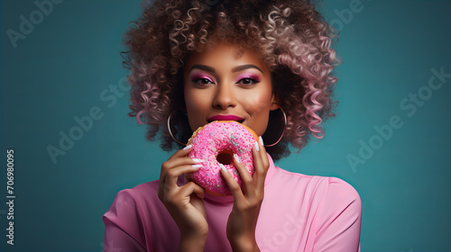 African american woman holding donut isolated on blue background  junk unhealthy food diet concept copy space. Valentine day  International Women day