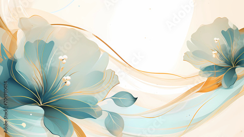 Abstract art background vector. Luxury minimal style wallpaper with golden line art flower and botanical leaves, Organic shapes, Watercolor. Vector background for banner, poster, Web and packaging. © Sonya