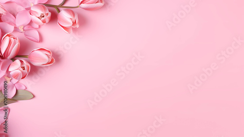 Banner with flowers on light pink background. Greeting card template for Wedding, mothers or womans day. Springtime composition with copy space. Flat lay style