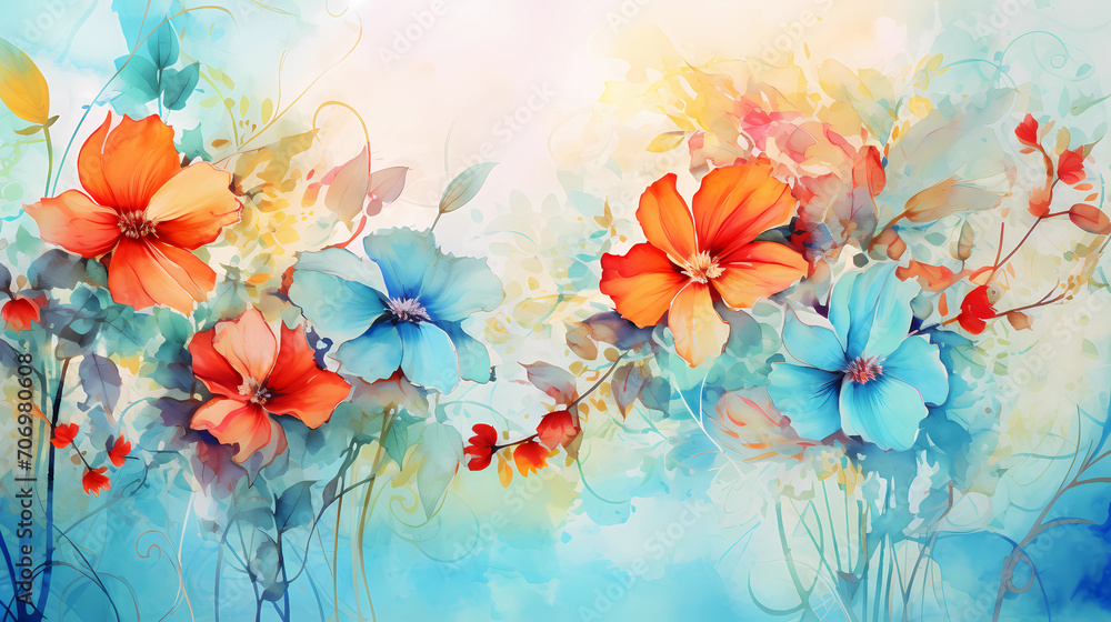 Grunge style beautiful, colorful, abstract art. Paper texture. Colorful painting. Watercolor background with flowers and plants