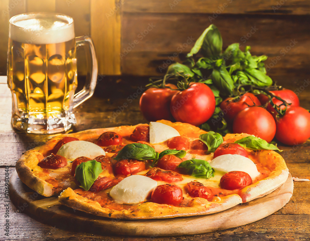 Antique and retro wooden table. Filled with tomato, mozzarella cheese ...