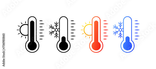Thermometer icons. Different styles, thermometer with sun and snowflake, cold and heat on thermometer icons. Vector icons