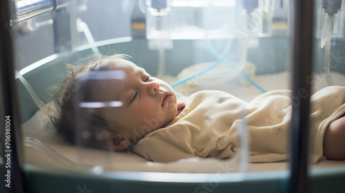 Newborn baby sleeping in the incubator photo
