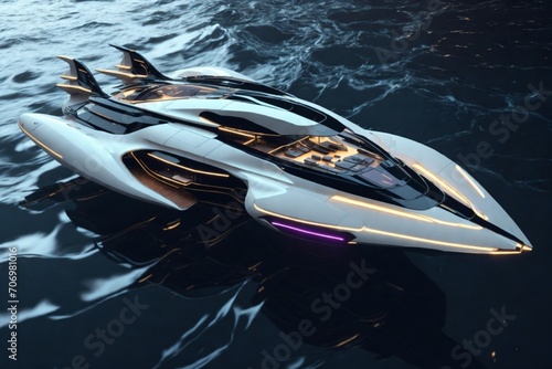 A futuristic yacht with a gorgeous view of the planet in cold boundless space in high resolution, the earth's orbit in the window, Generative AI © Vision AI Studio