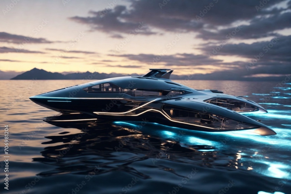 A futuristic yacht with a gorgeous view of the planet in cold boundless space in high resolution, the earth's orbit in the window, Generative AI