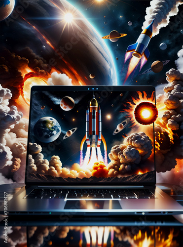 Launching space rocket from a laptop screen with Galaxy Universe Space Background Rocket Science Spaceship launching with fire smoke cloud within computer futuristic spacecraft rocket shuttle launch