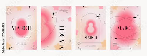 Set of trendy posters for 8 March. International Women's Day flyers. Y2k style creative vector illustration with aesthetic blurry elements and linear forms. Minimalist design for party, ads, cover.