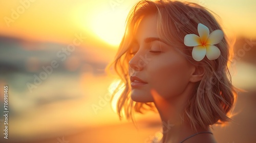 Portrait of woman on the beach with a flower in her hair © StellaPattaya