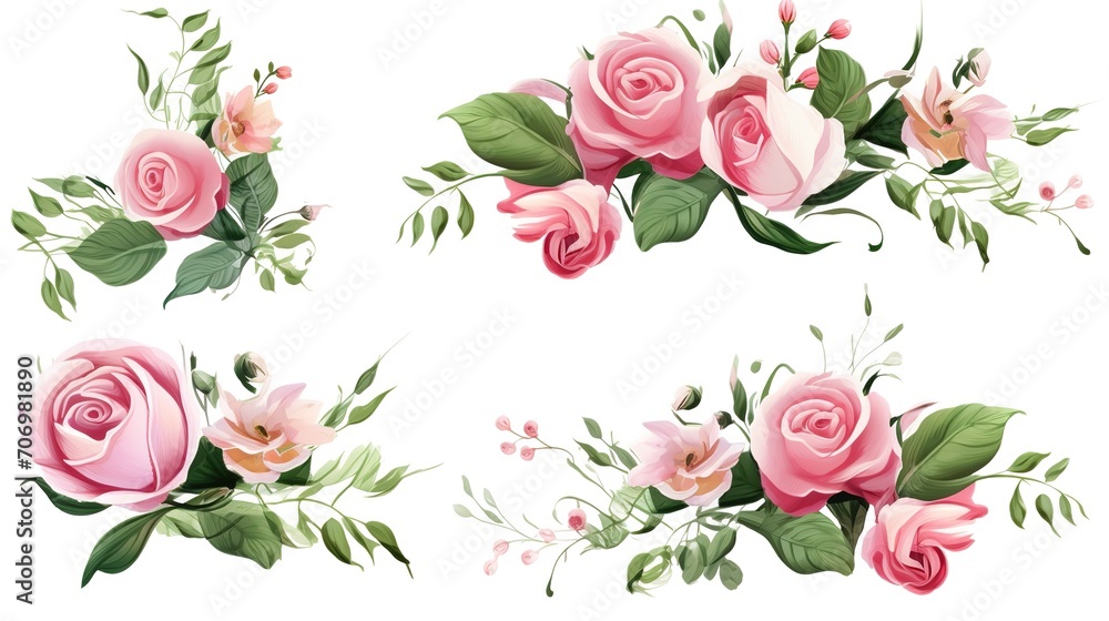 Spring sakura cherry blooming flowers bouquet. Isolated realistic pink petals, blossom, branches, leaves vector set. Design spring tree illustration,generative ai - obrazy, fototapety, plakaty 