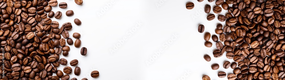 Coffee beans border isolated on white background banner panorama, top view, flat lay Coffee beans border isolated on white background banner panorama, top view, flat lay