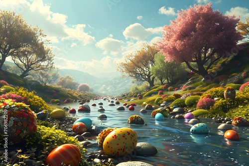Enchanted Candy Land Dreamscape with Lollipop Hills and Blue River