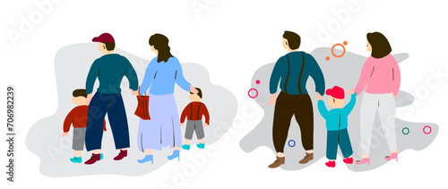 Family walking together, celebrations holidays and outdoors activities. Mother, father and children. Traditional heterosexual families with kids