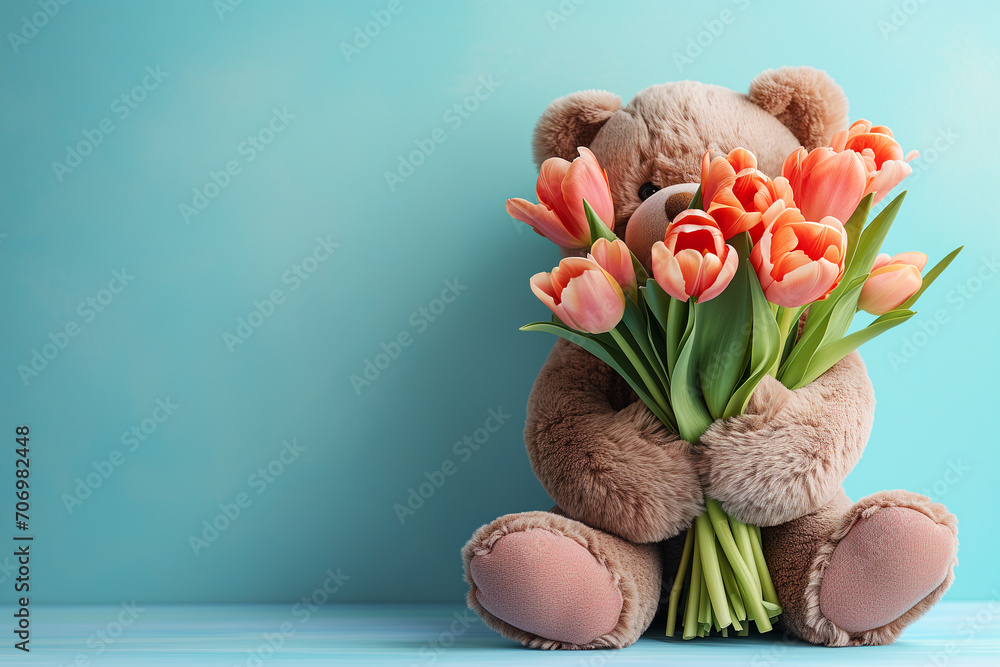 teddy bear with flowers. Teddy bear holding red tulips against natural blurred background, copy space. Cute bear with bouquet of red spring flowers. Post card or greeting card with plush teddy present - obrazy, fototapety, plakaty 