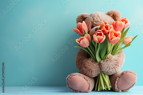 teddy bear with flowers. Teddy bear holding red tulips against natural blurred background, copy space. Cute bear with bouquet of red spring flowers. Post card or greeting card with plush teddy present photo