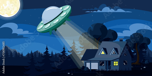 Vector illustration of a night landscape with an alien UFO. Cartoon scene with a house in the forest and a UFO flying saucer, trees, Christmas trees, mountains, a full moon in the sky.
