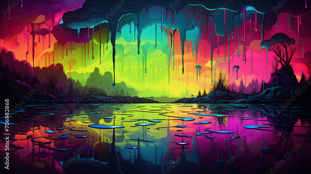 Rainsoaked lake inspires neon