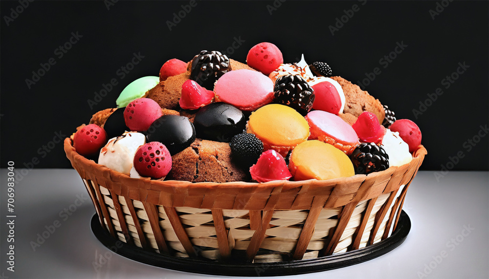 Basket of delicious cake with different fillings on a black background Basket of delicious cake with different fillings on a black background