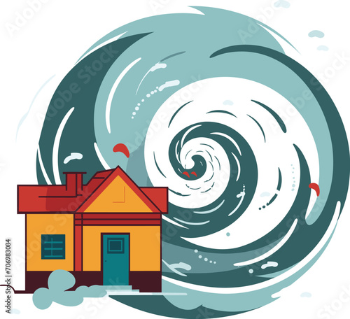 House caught in a giant tornado with swirling wind and debris, Extreme weather and natural disaster scene, Home insurance concept vector illustration