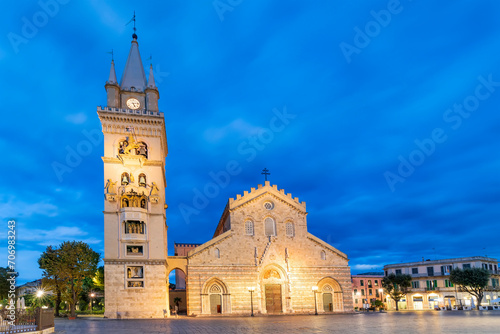 Travel in Italy - Messina Cathedral in Piazza Duomo Square in Messina. Night view
