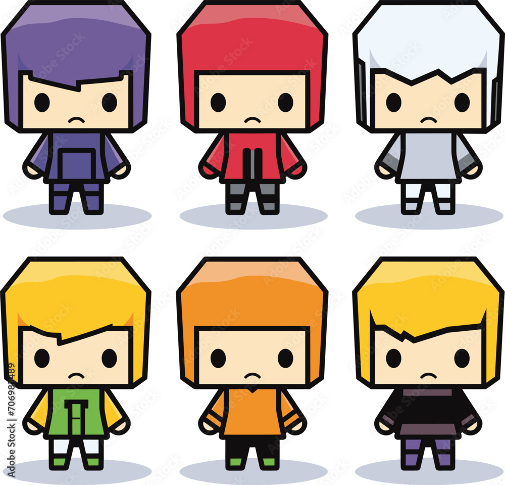 Six cute cartoon characters with oversized heads and small bodies, colorful outfits, bold colors. Simplistic design, chibi style, characters with various expressions vector illustration. Six cute cartoon characters with oversized heads and small bodies, colorful outfits, bold colors. Simplistic design, chibi style, characters with various expressions vector illustration.