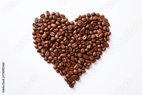 Roasted coffee beans in the shape of a heart, isolated on white background, top view, flat lay © Corri Seizinger