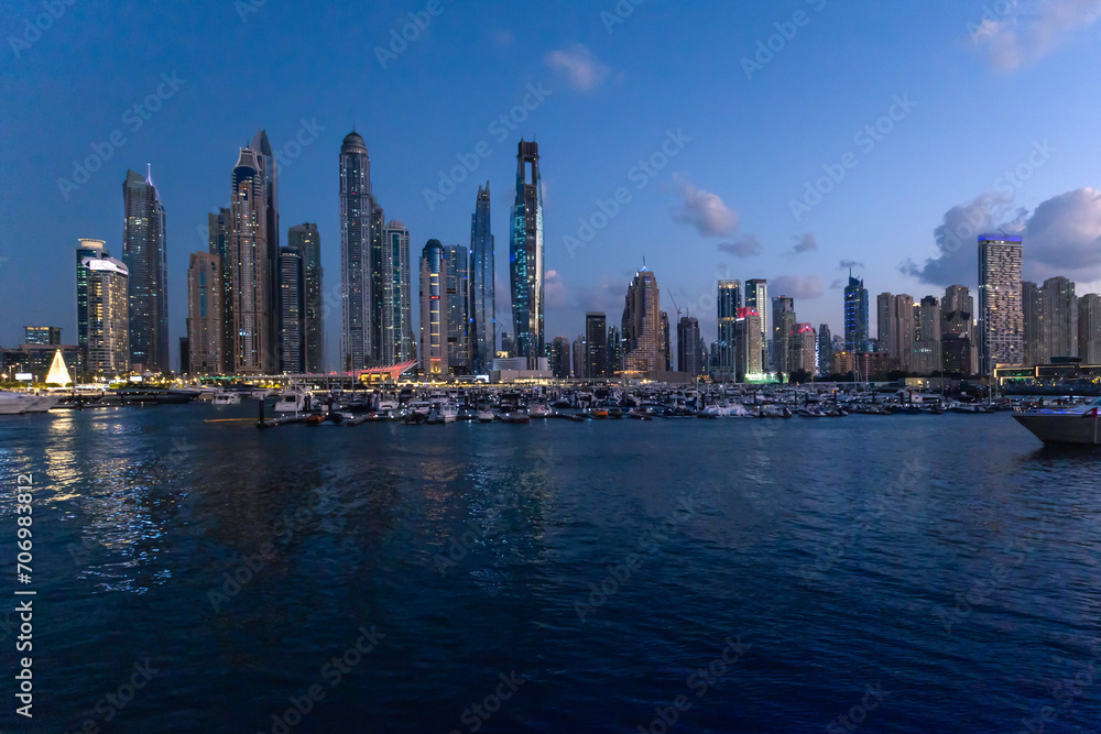Beautiful night view over famous Dubai Marina skyline.