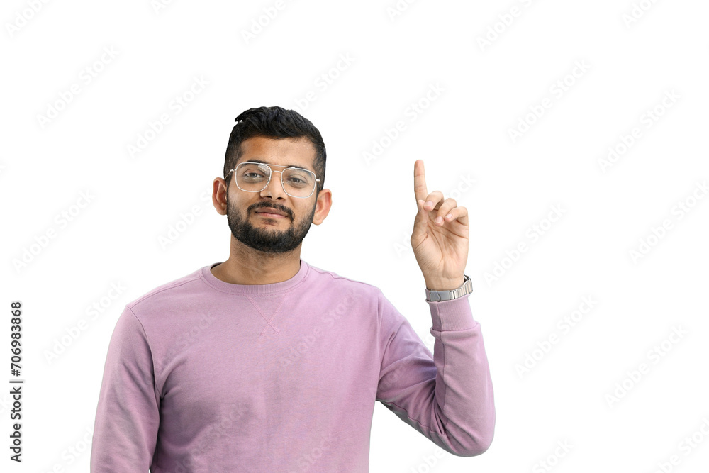 Fototapeta premium Man, on a white background, close-up, pointing up