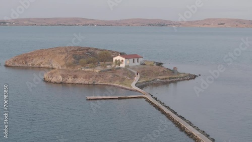  Lemnos, Crete, Greece - The Church of Ekklisia Agios Nikolaos by the Beach - Aerial Drone Shot photo