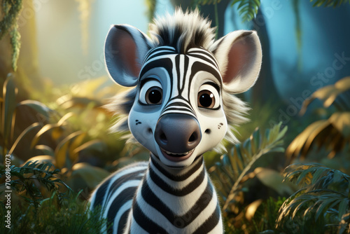 Cartoon cute zebra in nature. Illustration  AI Generative