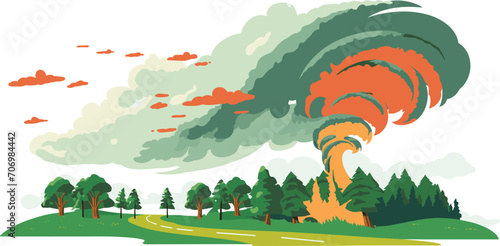 Tornado approaching over green landscape, trees swaying in the wind, threatening weather. Disaster nature scene with whirlwind. Environmental catastrophe vector illustration.