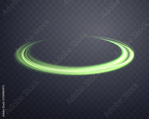 Glowing green magic rings. Dynamic orbital flare halo ring. Neon realistic energy swoosh swirl. Abstract light effect on a dark transparent background. Vector illustration.
