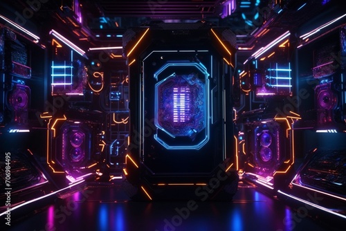 Futuristic computer technology with a laptop in neon colors. For cover backgrounds, wallpapers and other modern projects. Generative AI