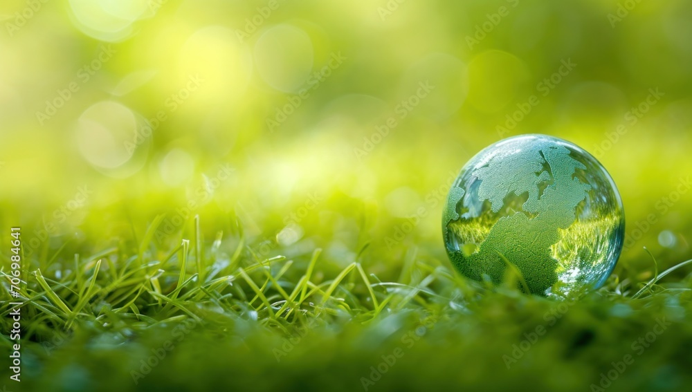 Crystal earth in green grass with sunlight, save the World Concepts