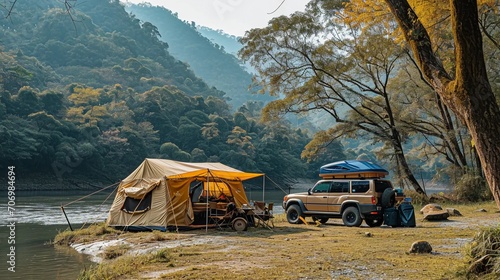 Camp for off-road car enthusiasts, tents, SUVs, forest areas, 4x4 driving in extreme conditions