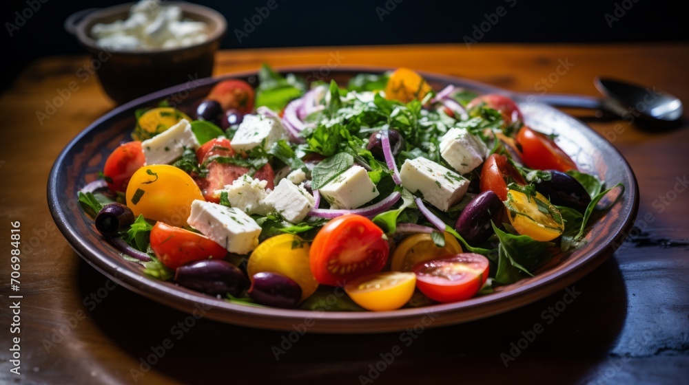 Close-up of a colorful Mediterranean salad with olives, feta, and cherry tomatoes, showcasing the flavors and health benefits of a Mediterranean diet. Close-up of a colorful Mediterranean salad with olives, feta, and cherry tomatoes, showcasing the flavors and health benefits of a Mediterranean diet.