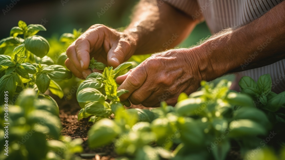 Close-up of hands harvesting aromatic herbs, like basil and mint, in a kitchen garden, capturing the sensory delight of herb gardening.